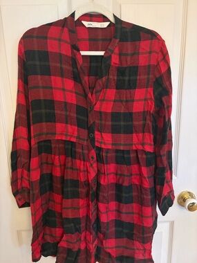 Zara Red and Black Plaid Tunic Top